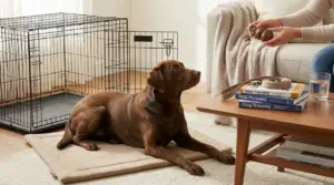 Cane disteso su un tappetino di fronte a una persona con un gioco interattivo