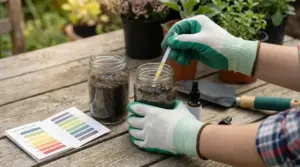 Persona con guanti da giardinaggio esegue un test del pH del terreno con una striscia su un barattolo di terra