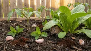 Un topo nascosto tra le piante di un orto con terreno, aglio e foglie di insalata