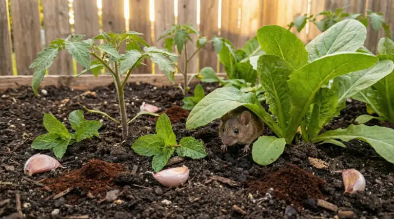 Un topo nascosto tra le piante di un orto con terreno, aglio e foglie di insalata