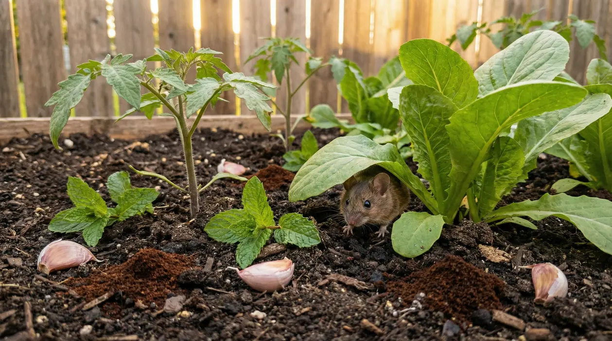 Un topo nascosto tra le piante di un orto con terreno, aglio e foglie di insalata