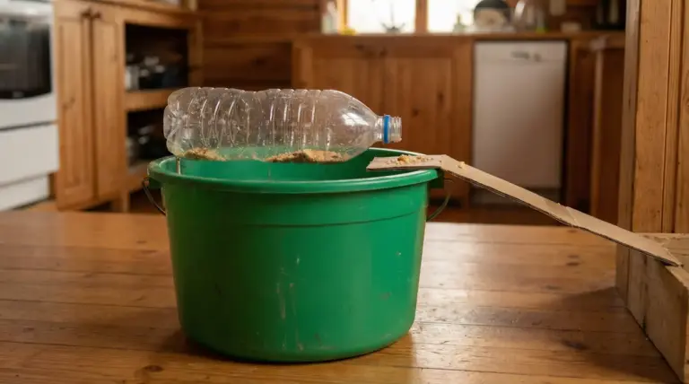 Trappola artigianale per topi con secchio verde e bottiglia di plastica in una cucina