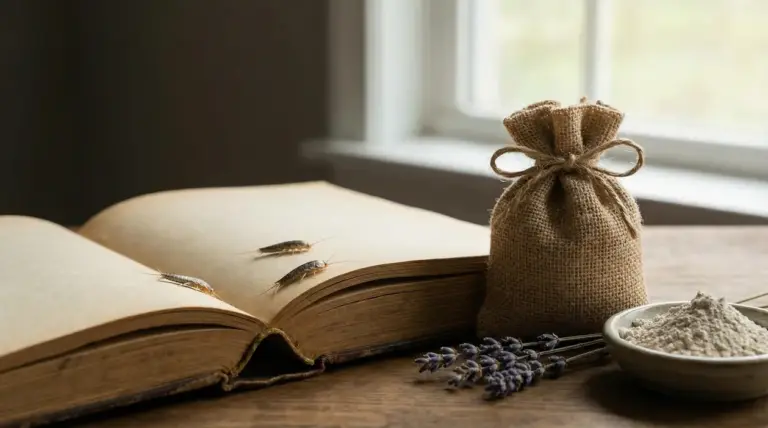 Pesciolini d'argento su un libro vicino a rimedi naturali su un tavolo