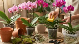Mani puliscono foglie di orchidee in vaso con una spugna su tavolo con attrezzi da giardinaggio