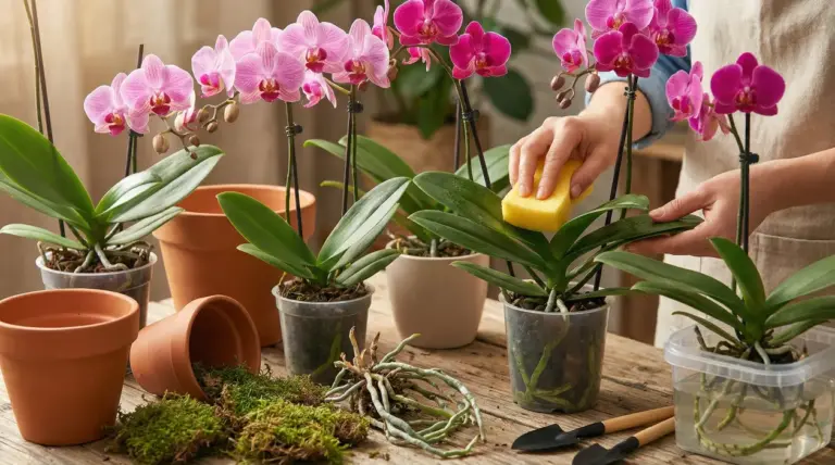Mani puliscono foglie di orchidee in vaso con una spugna su tavolo con attrezzi da giardinaggio