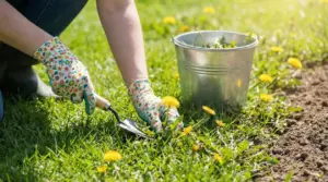 Persona che estirpa erbacce dal prato con guanti da giardinaggio e attrezzo manuale