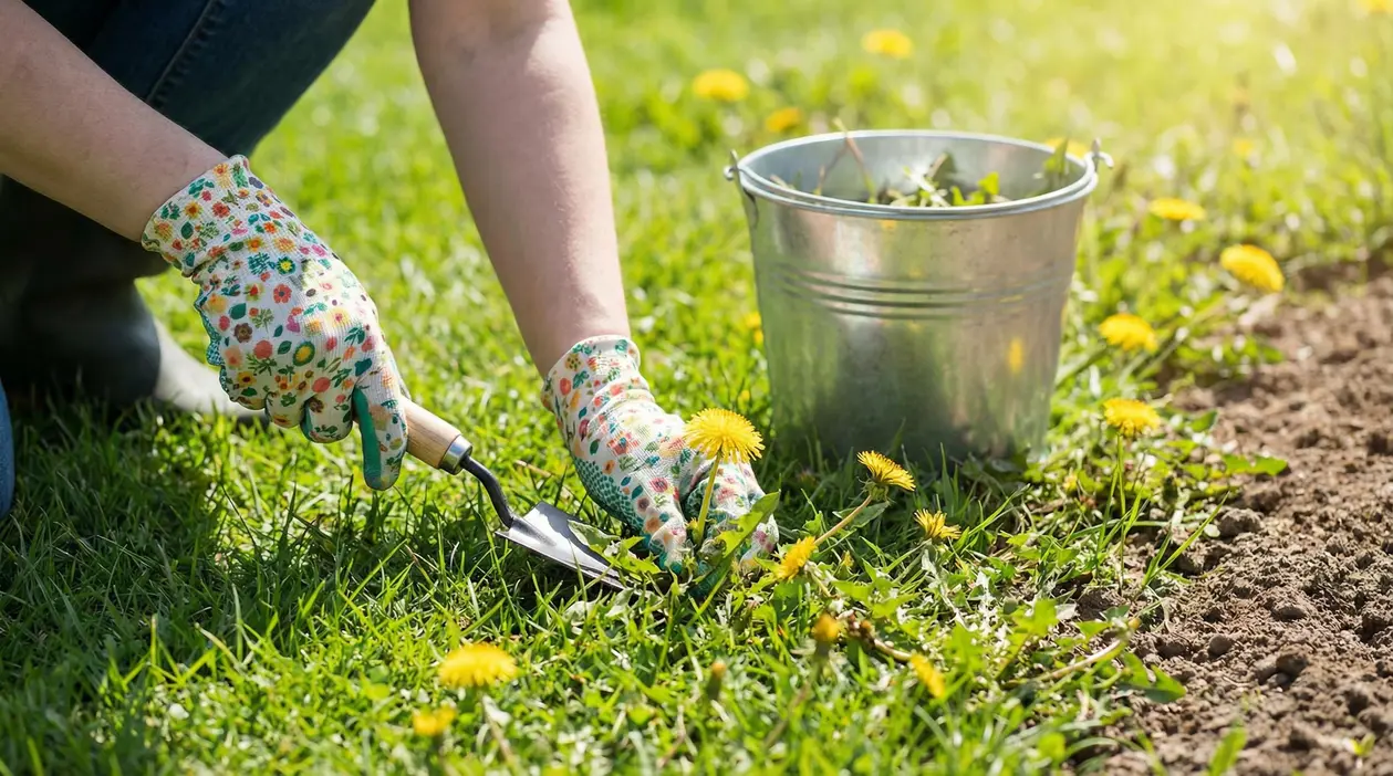 Persona che estirpa erbacce dal prato con guanti da giardinaggio e attrezzo manuale