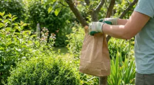Persona appende un sacchetto di carta a un albero in giardino con calabroni nelle vicinanze