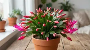 Cactus di Natale con boccioli rosa in vaso di terracotta su tavolo di legno
