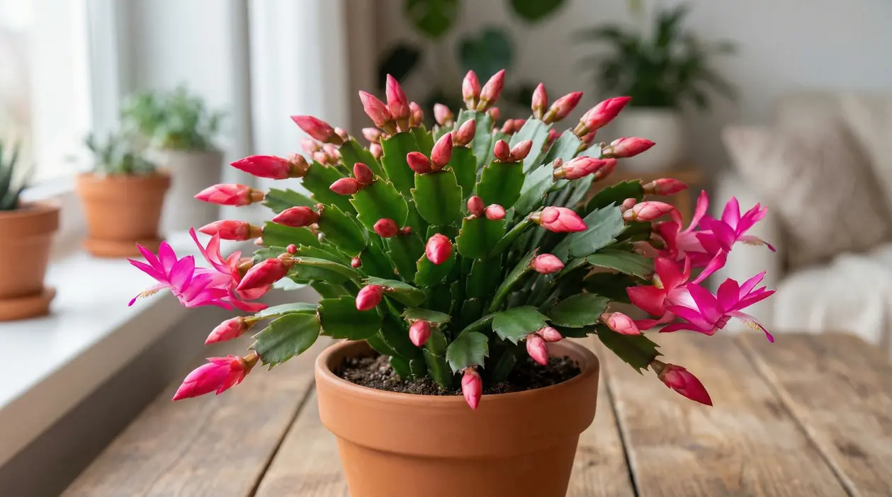 Cactus di Natale con boccioli rosa in vaso di terracotta su tavolo di legno