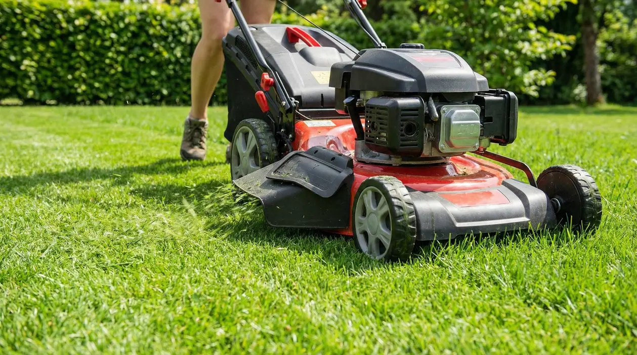 Tagliaerba su prato verde mentre una persona taglia l'erba.