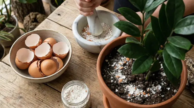 Gusci d'uovo frantumati utilizzati come fertilizzante naturale per una pianta in vaso