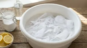 Vestiti bianchi in ammollo in una bacinella con bicarbonato, limone e aceto su un tavolo di legno