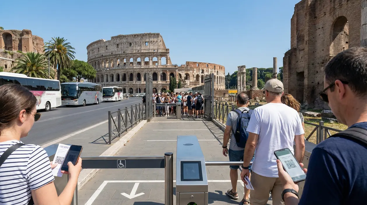 Persone in fila all'ingresso del Colosseo a Roma con biglietti e smartphone
