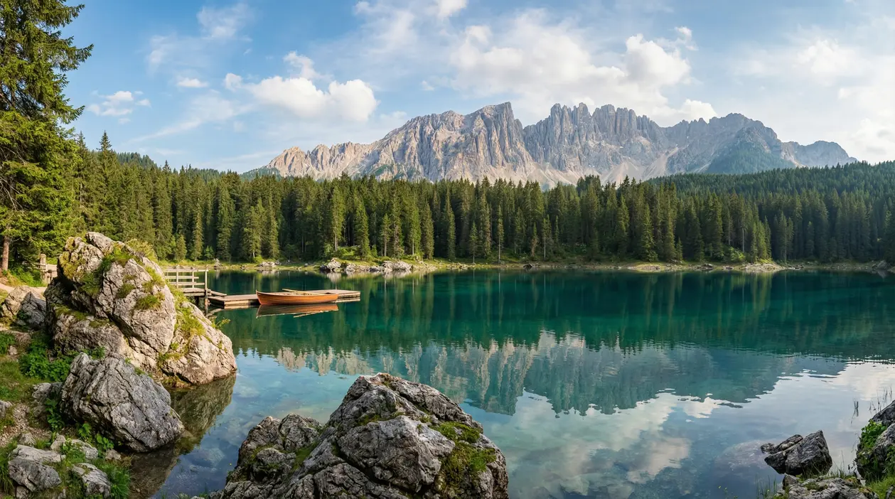 Lago alpino circondato da foreste e montagne, con una barca in legno su un pontile